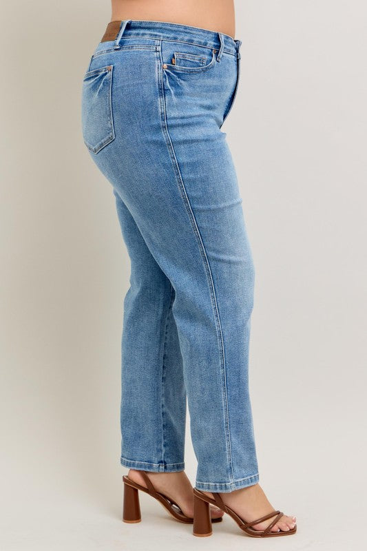 Judy Blue Full Size Tummy Control Vintage Wash Straight Jeans Plus Size - Tigbul's Variety Fashion Shop