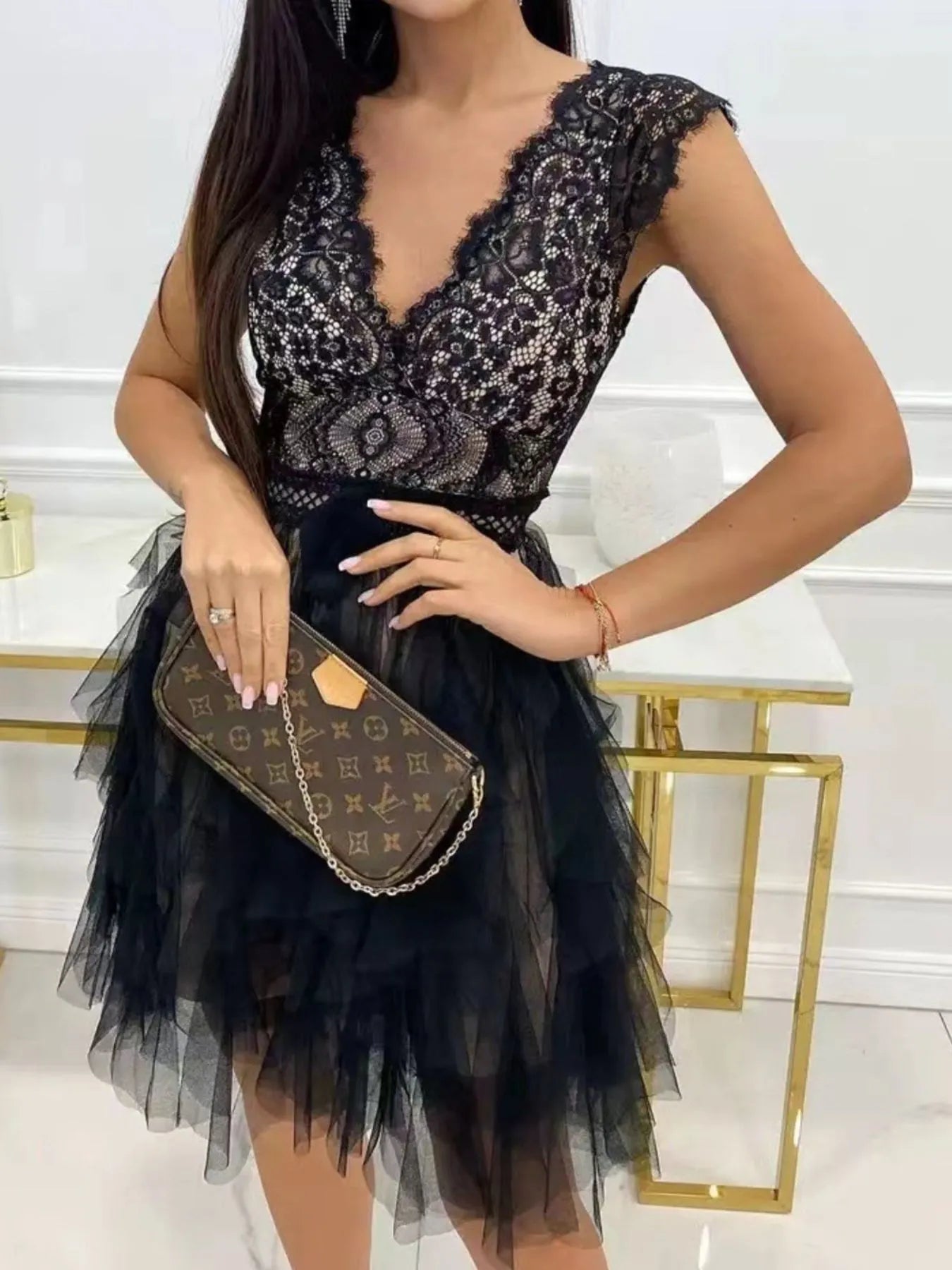 Lace V-Neck Ruffle Dress - Tigbul's Variety Fashion Shop