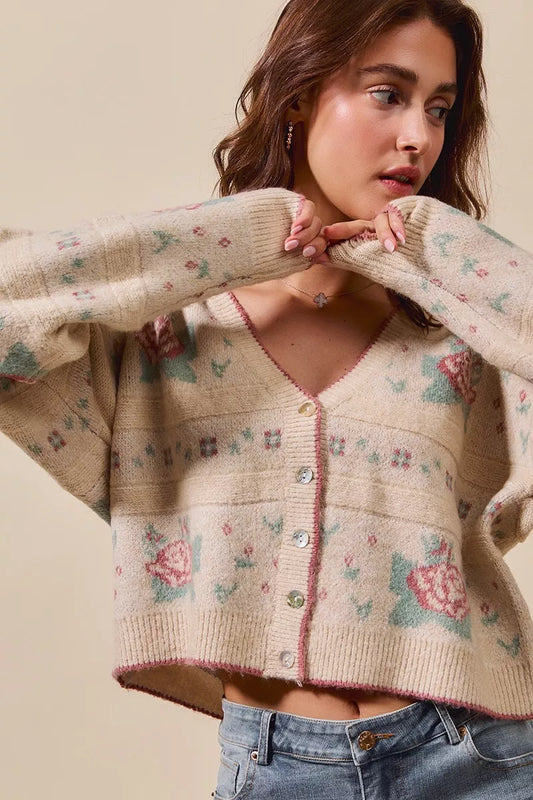 SO ME Floral Pattern Long Sleeve Button Sweater Cardigan - Tigbul's Variety Fashion Shop
