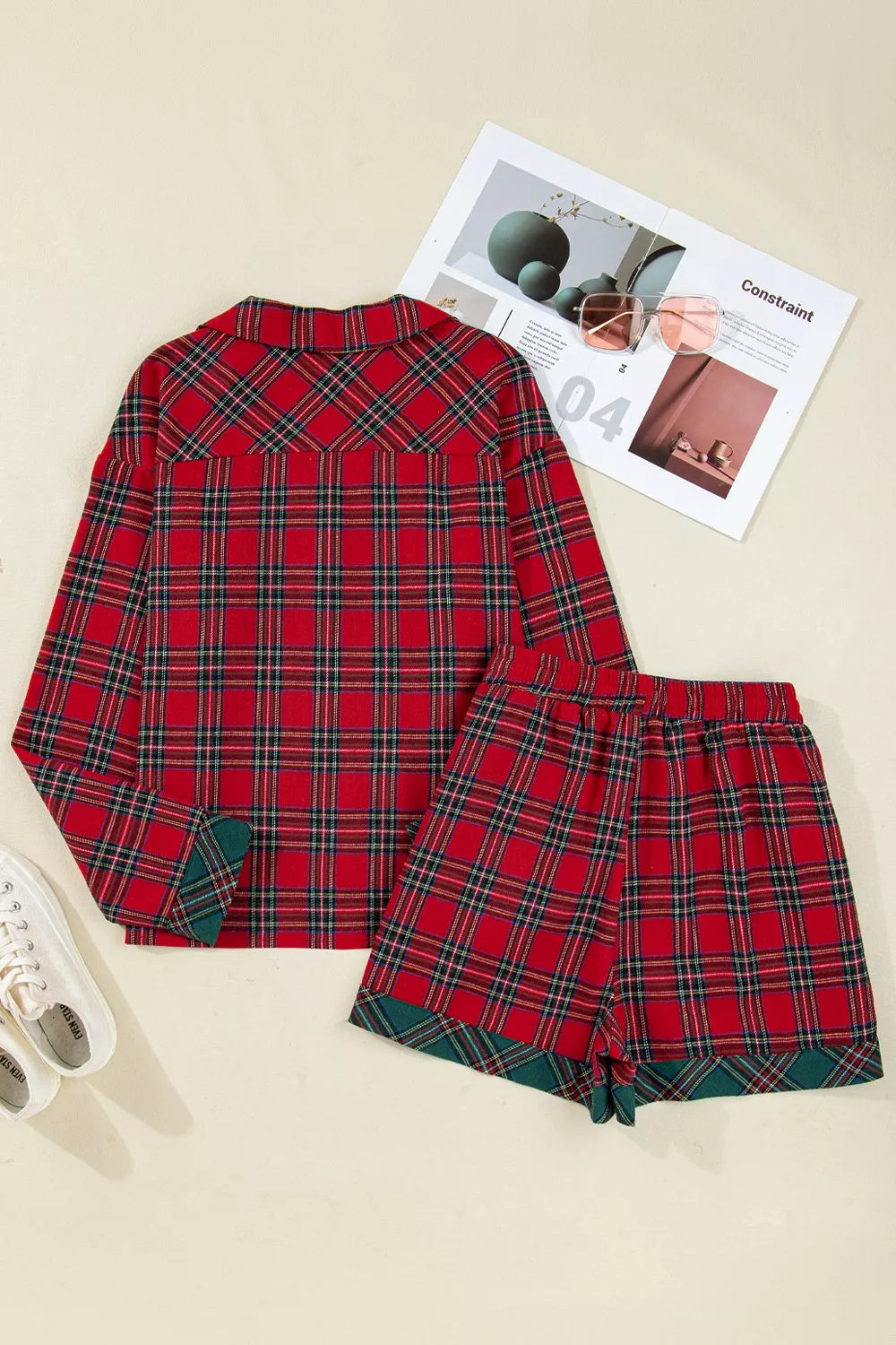 Plaid Contrast Patched Christmas Holiday Long Sleeve Shirt and Short 2pcs Pajama Set - Tigbul's Variety Fashion Shop