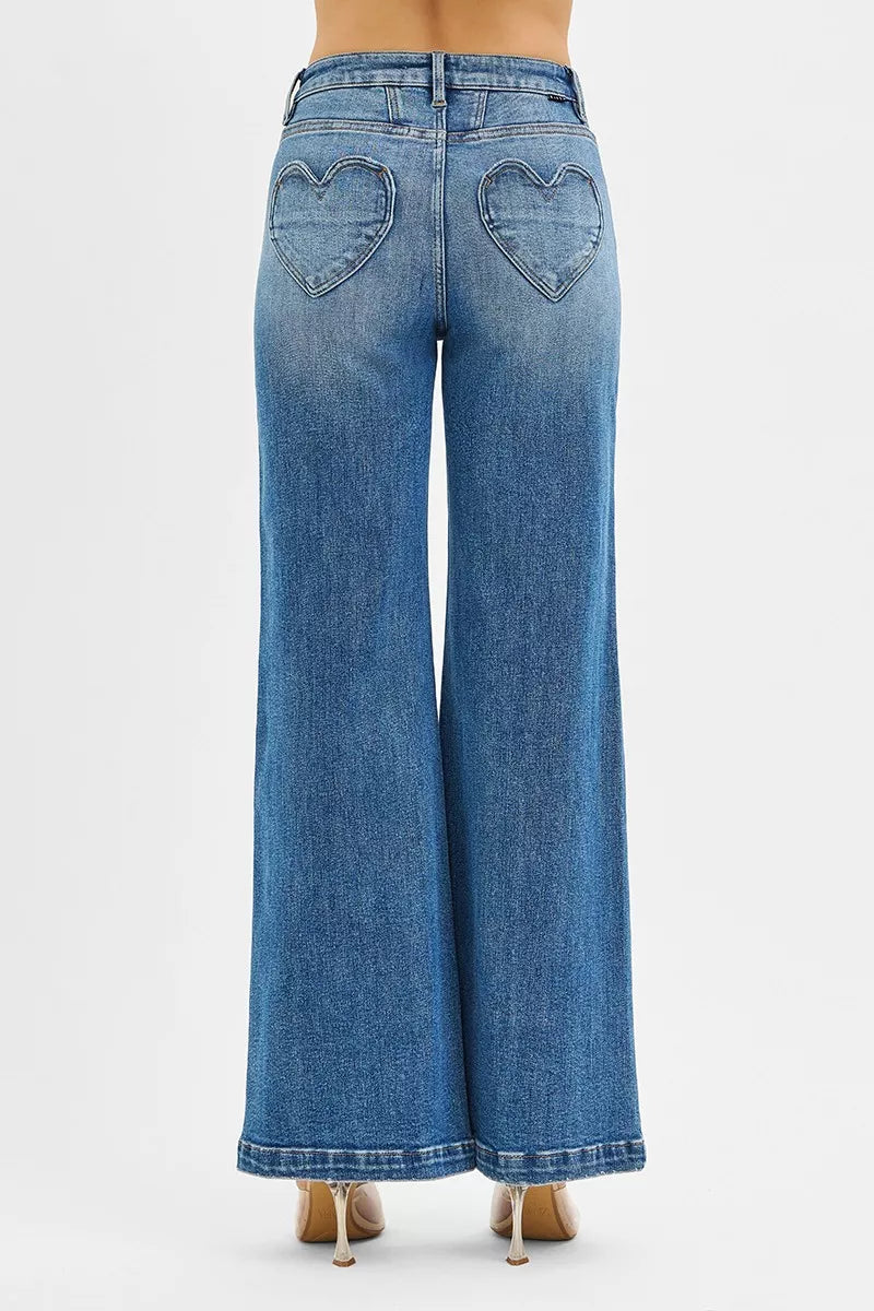 RISEN High Rise Wide Leg Jenas with Front Yoke and Heart Back Pocket - Tigbul's Variety Fashion Shop