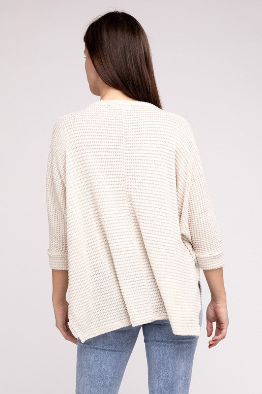 3/4 Sleeve V-Neck Hi-Low Hem Jacquard Sweater - Tigbul's Variety Fashion Shop