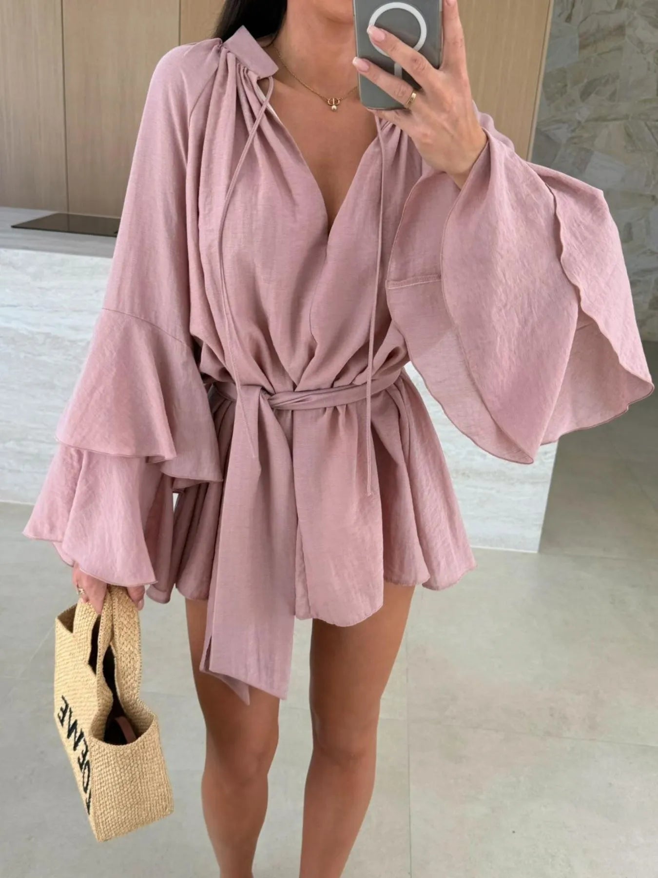 Bell Sleeve Tie Waist Mini Shirt Dress - Tigbul's Variety Fashion Shop