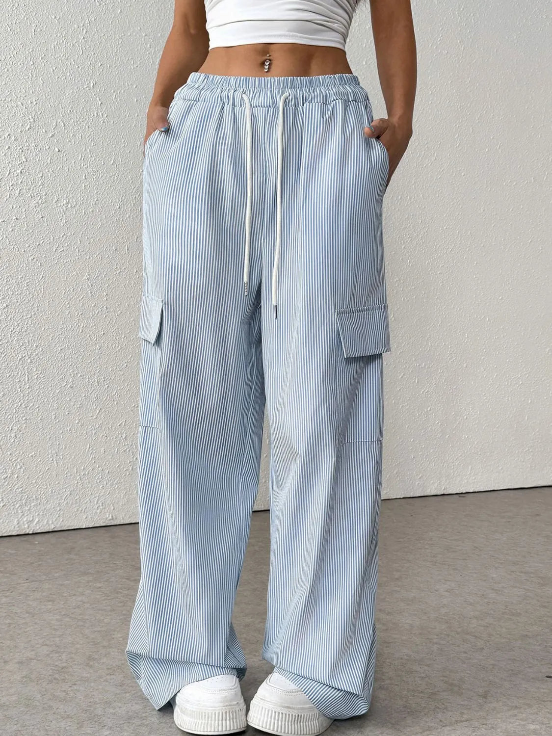 Blue Drawstring Striped Wide Leg Cargo Pants - Tigbul's Variety Fashion Shop