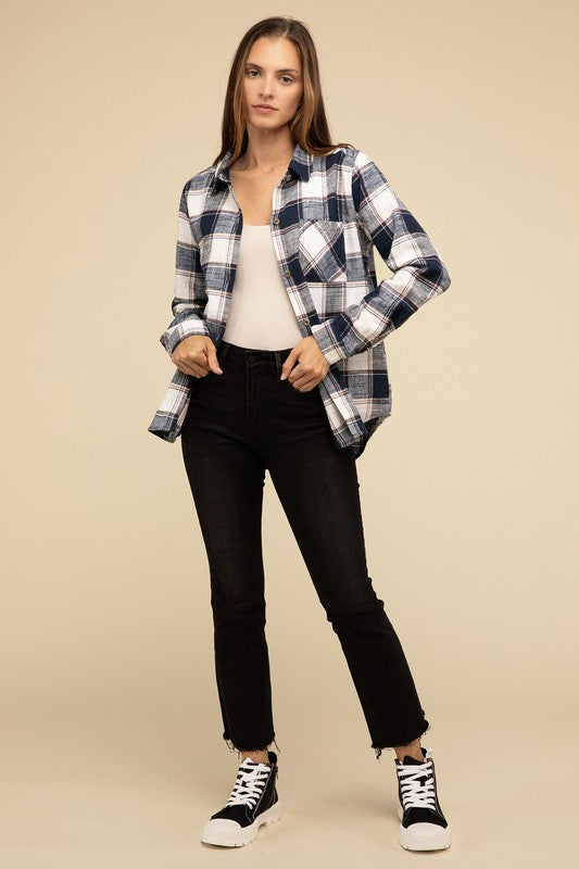 Cotton Plaid Shacket With Front Pocket - Tigbul's Variety Fashion Shop