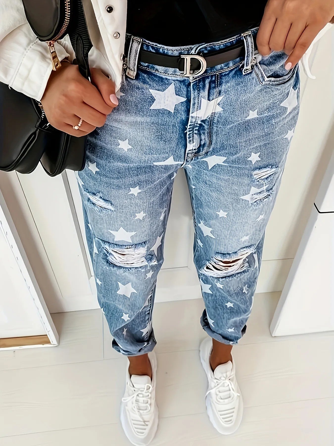 Star Print Distressed High Waist Boyfriend Jeans - Tigbul's Variety Fashion Shop