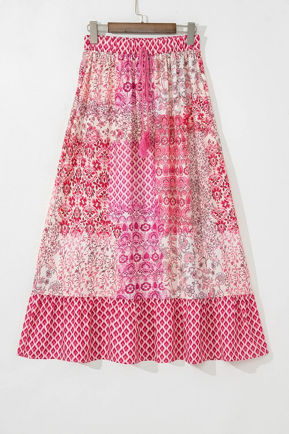 Printed Tassel Drawstring Pink High Waist Maxi Skirt - Tigbul's Variety Fashion Shop