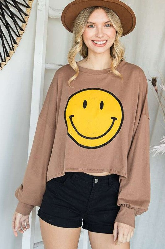 SMILEY FACE LONG SLEEVE CROP TOP - Tigbul's Variety Fashion Shop