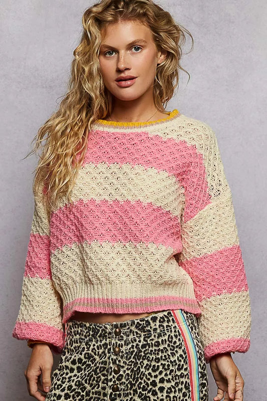 POL Contrast Striped Round Neck Sweater with Textured Cable Knit Pattern - Tigbul's Variety Fashion Shop