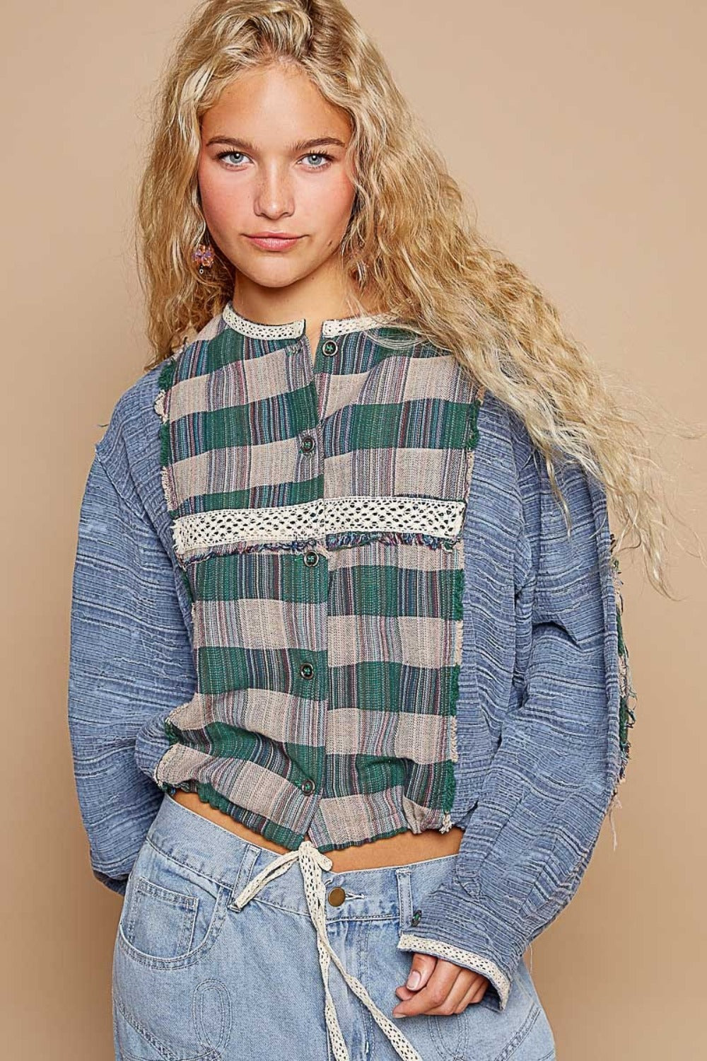 Blue Round Neck Long Sleeve Plaid Shirt - Tigbul's Variety Fashion Shop