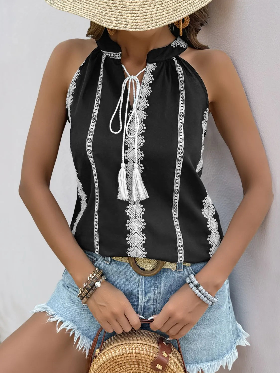 Black Tassel Tied Embroidered Tank - Tigbul's Variety Fashion Shop