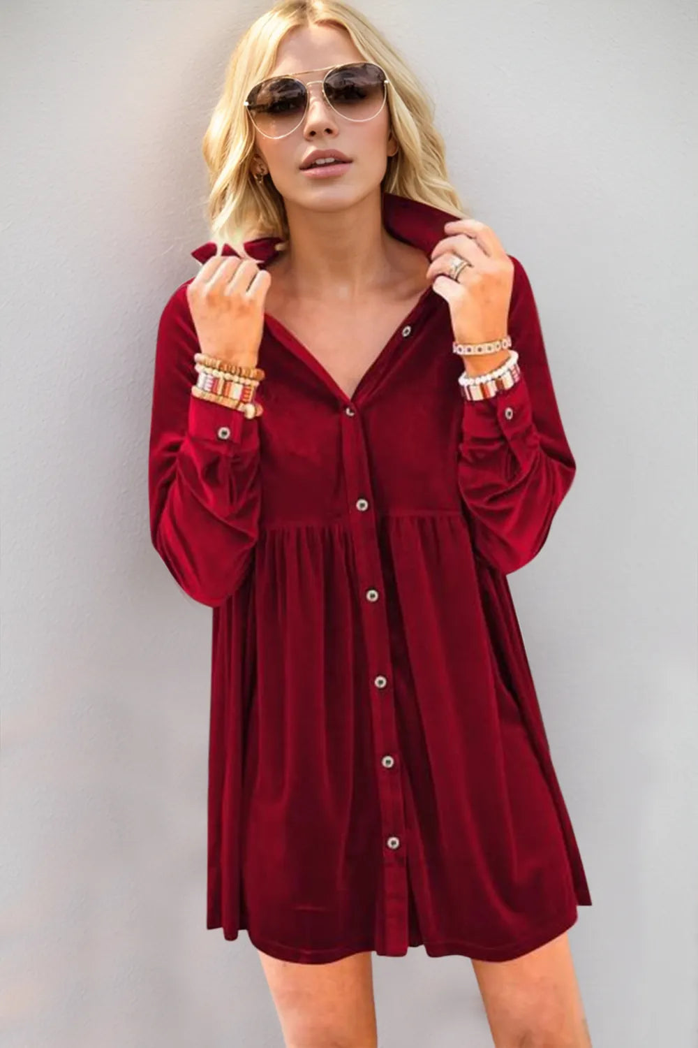 Collared Neck Long Sleeve Mini Dress - Tigbul's Variety Fashion Shop