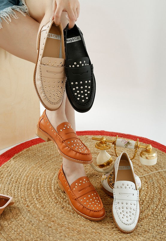 Oglavia Studs Embellished Leather Loafers - Tigbul's Variety Fashion Shop