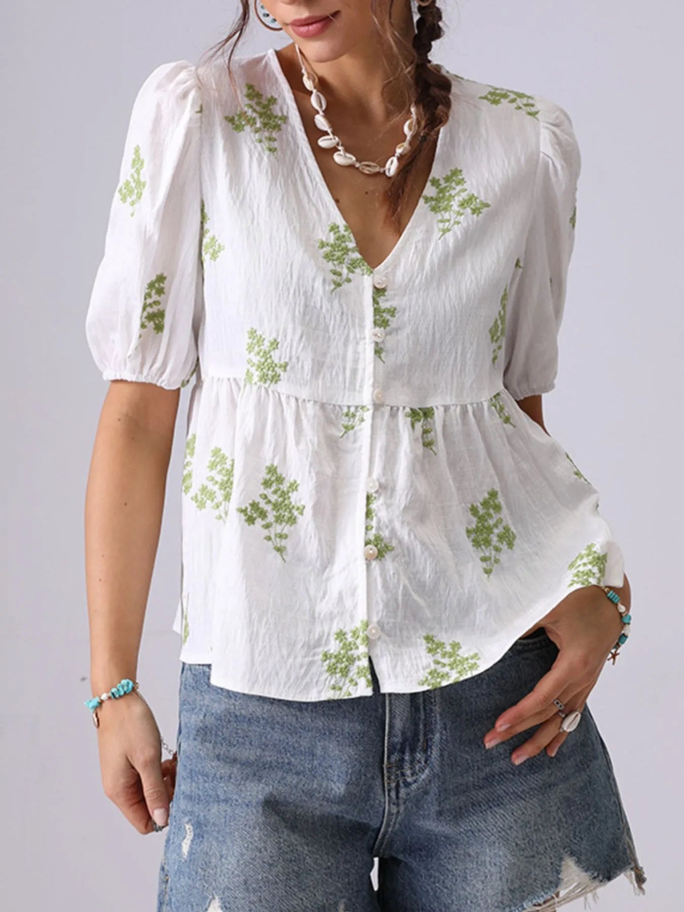 Embroidered V-Neck Puff Sleeve Peplum Blouse - Tigbul's Variety Fashion Shop