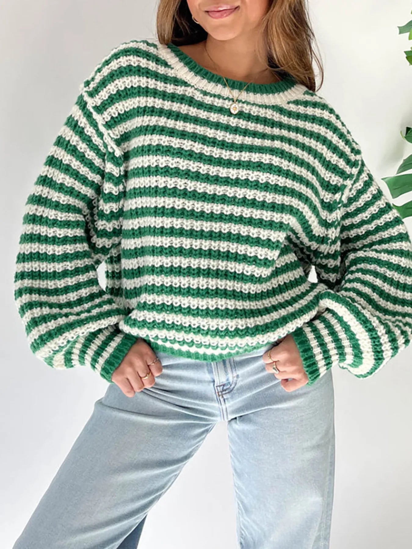 Oversized Striped Drop Shoulder Sweater - Tigbul's Variety Fashion Shop