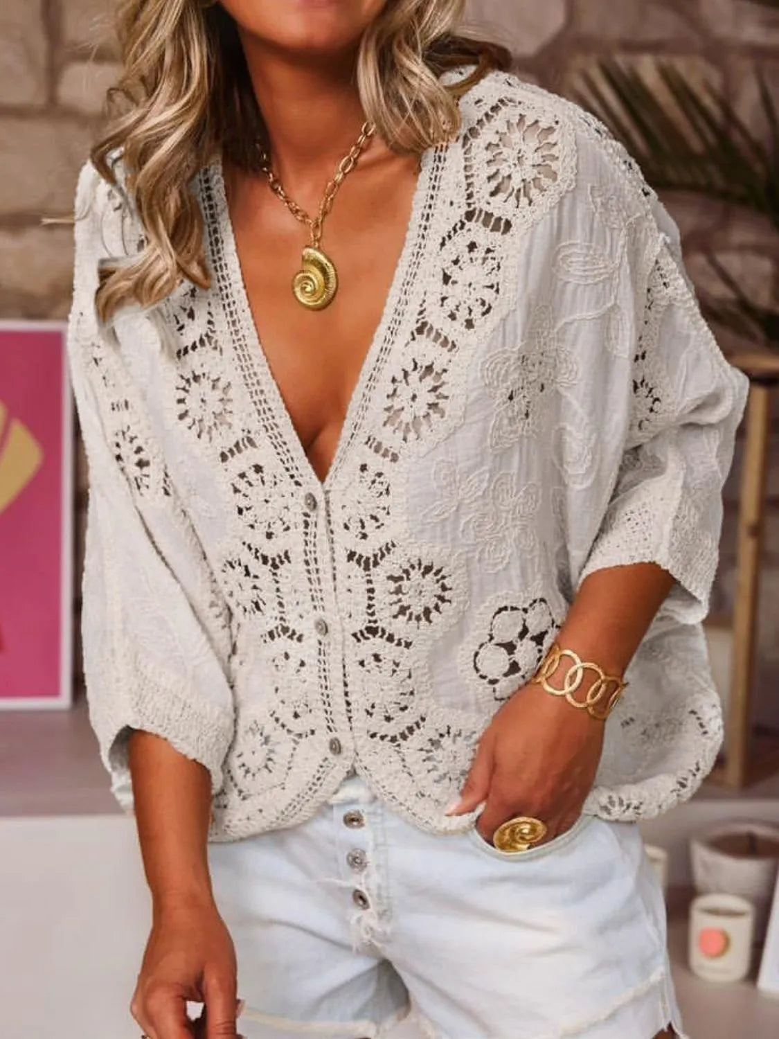 Crochet Lace V-Neck Blouse - Tigbul's Variety Fashion Shop