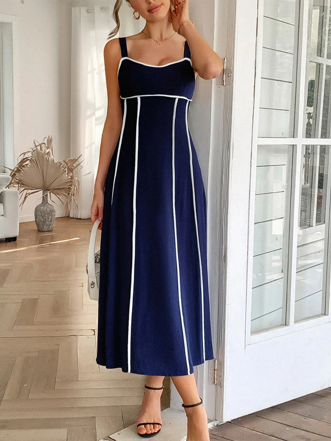 Contrast Wide Strap Midi Cami Dress - Tigbul's Variety Fashion Shop