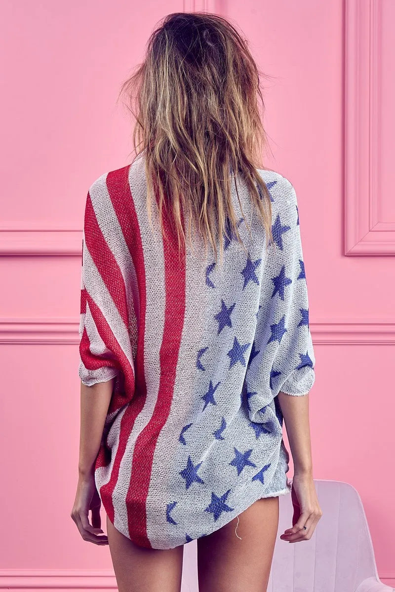 American Flag Theme Cocoon Knit Cardigan - Tigbul's Variety Fashion Shop