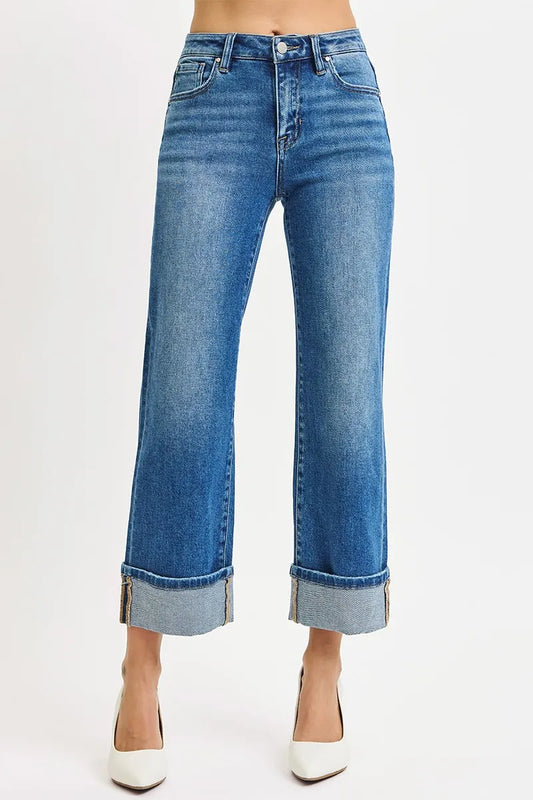 RISEN Mid Rise Crop Straight Cuffed Jeans - Tigbul's Variety Fashion Shop
