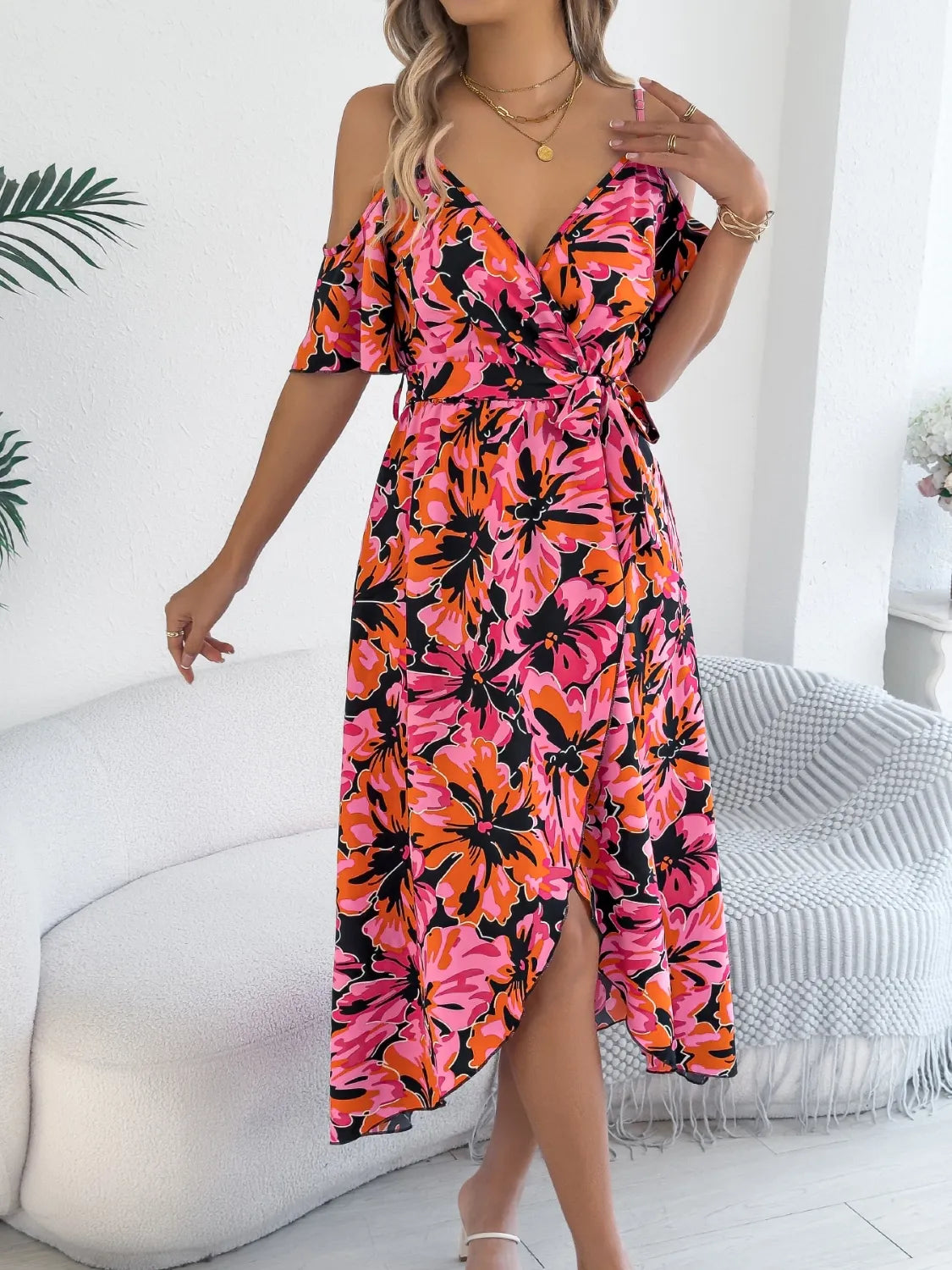 Printed Cold Shoulder Midi Cami Dress - Tigbul's Variety Fashion Shop