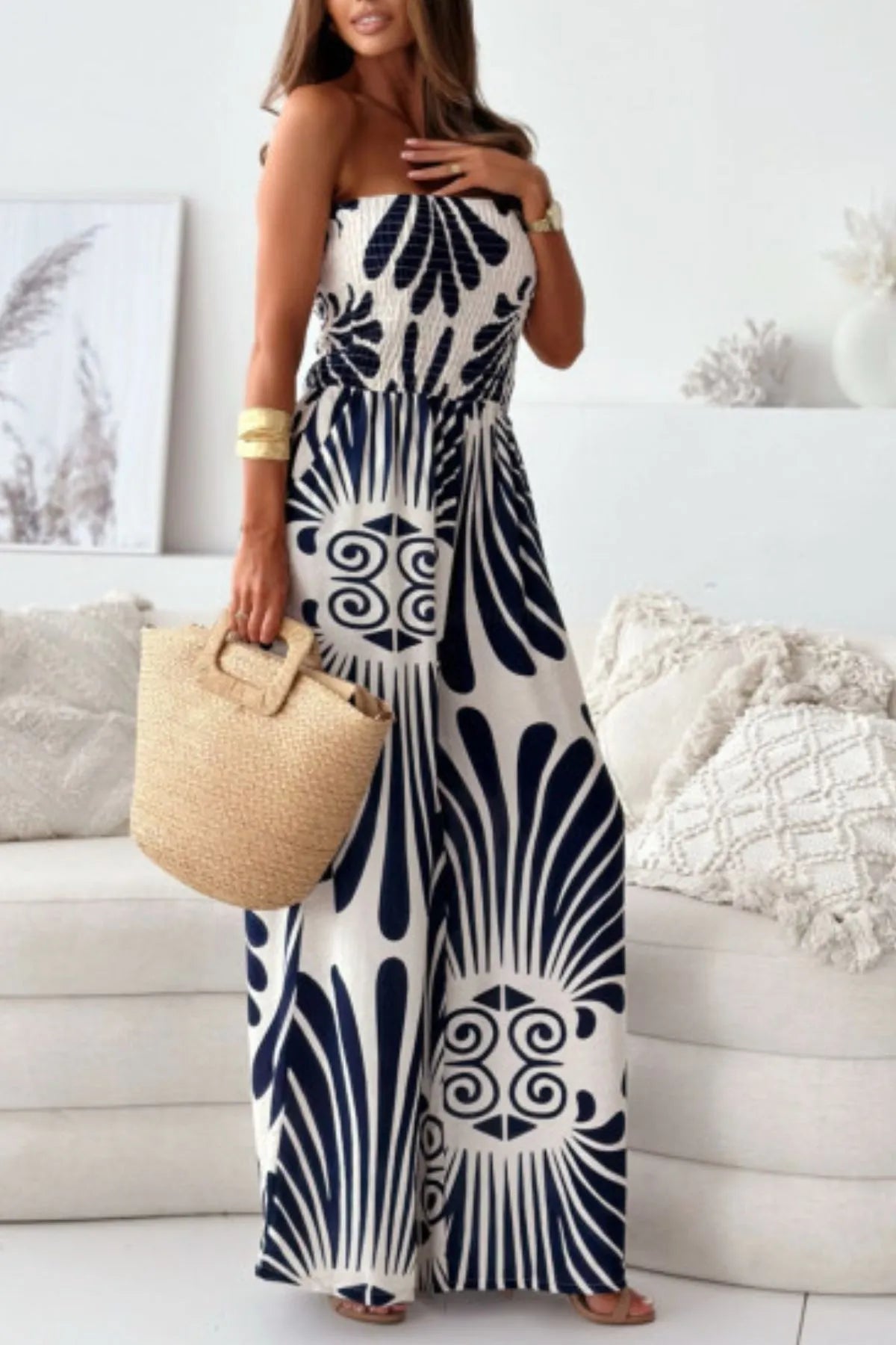 Printed Smocked Tube Wide Leg Jumpsuit - Tigbul's Variety Fashion Shop