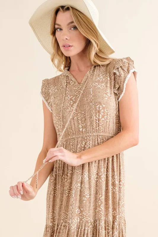 Boho Printed Tiered Taupe Maxi Dress - Tigbul's Variety Fashion Shop