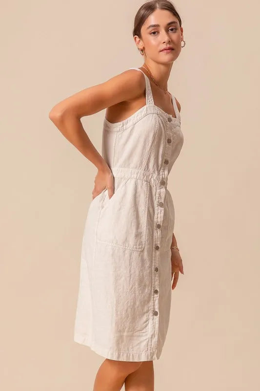 Button Down Pocket Front Off White Pinafore Dress - Tigbul's Variety Fashion Shop