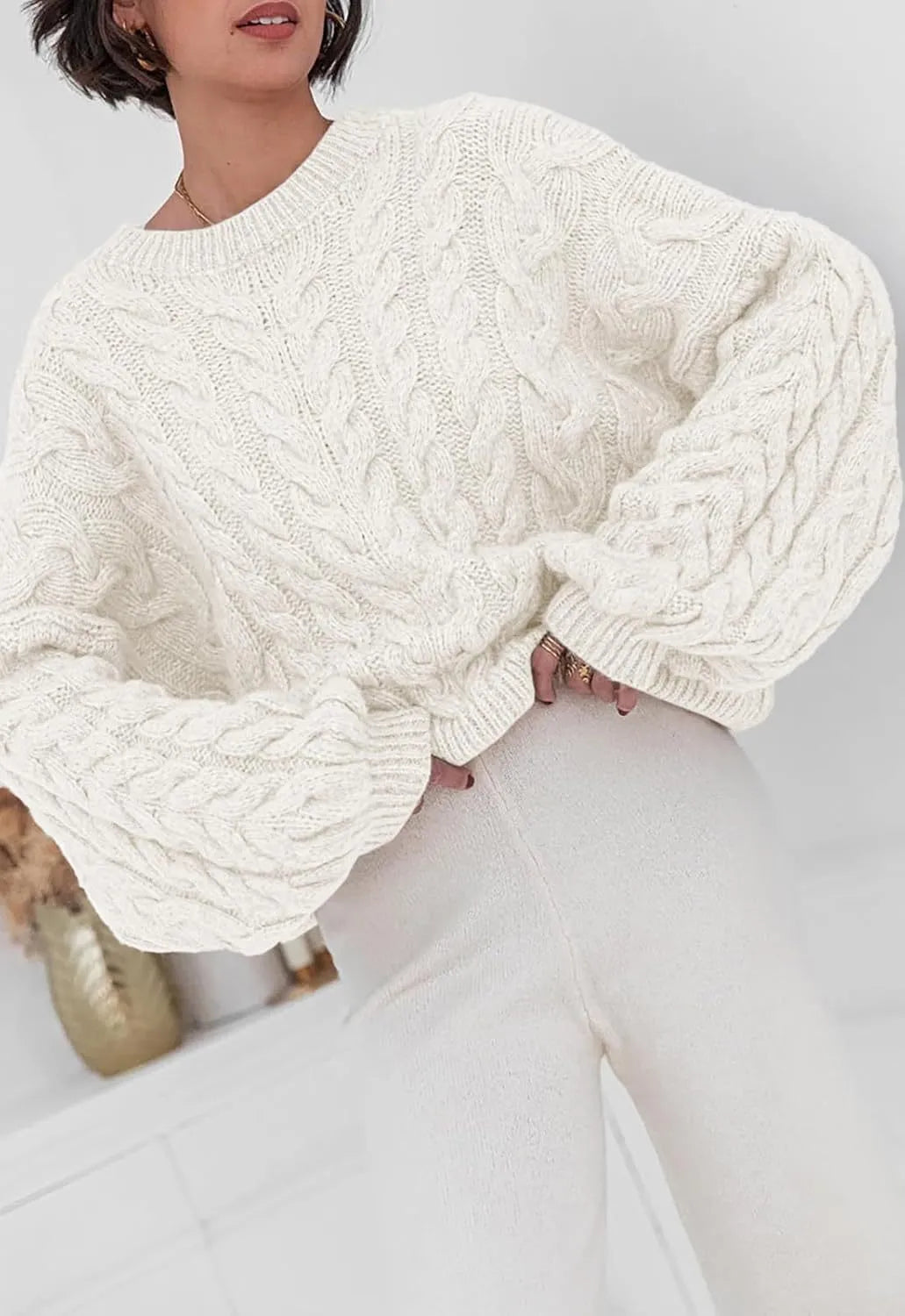Cable Knit Long Sleeve Sweater - Tigbul's Variety Fashion Shop