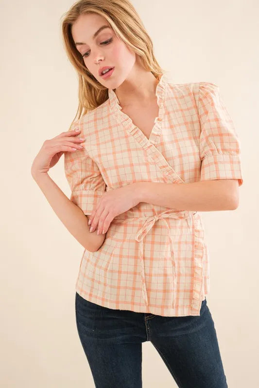Plaid Patterned and Ruffled Wrap Blouse Top - Tigbul's Variety Fashion Shop