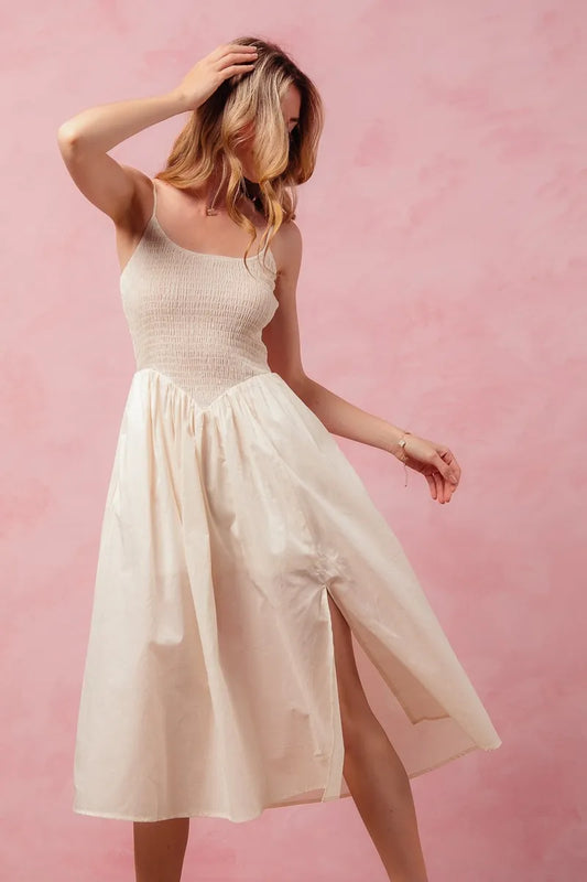 Cream Color Smocked Sleeveless Casual Midi Dress - Tigbul's Variety Fashion Shop