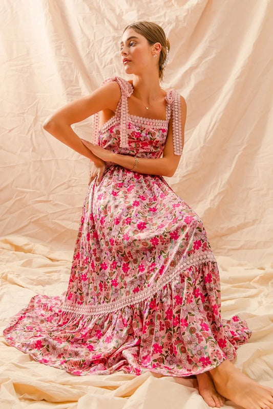 SO ME Floral Maxi Dress With Ribbon Tie Lace Strap - Tigbul's Variety Fashion Shop