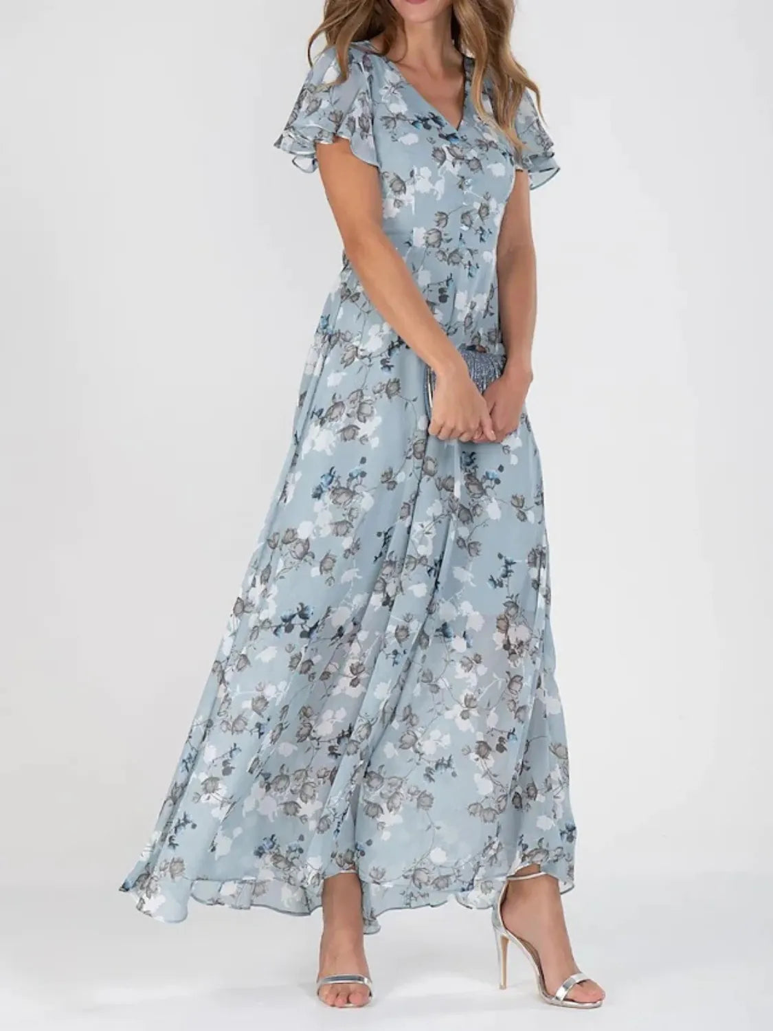 Floral V-Neck Flutter Sleeve Maxi Dress - Tigbul's Variety Fashion Shop
