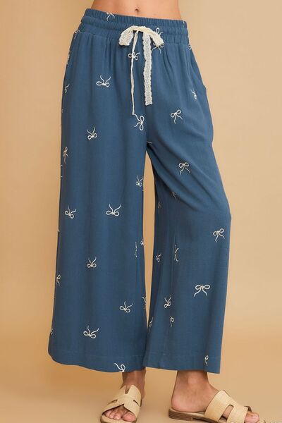 Dusty Blue Lace Drawstring Embroidered Bow Wide Leg Pants - Tigbul's Variety Fashion Shop