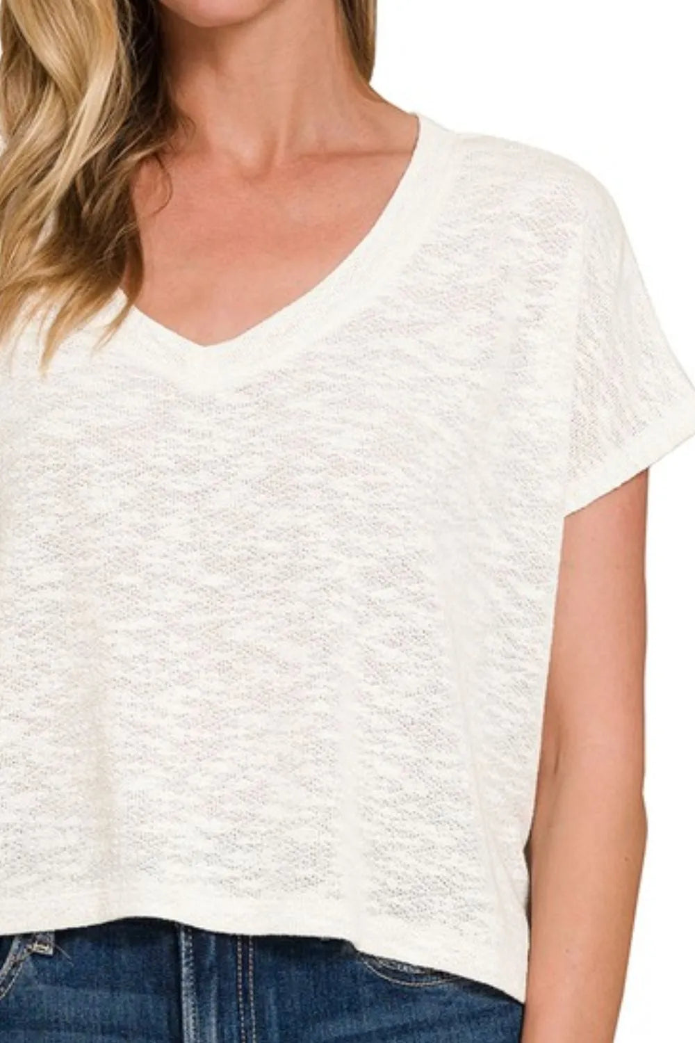 Hacci Slub V-neck Drop Shoulder Ivory Crop Top - Tigbul's Variety Fashion Shop