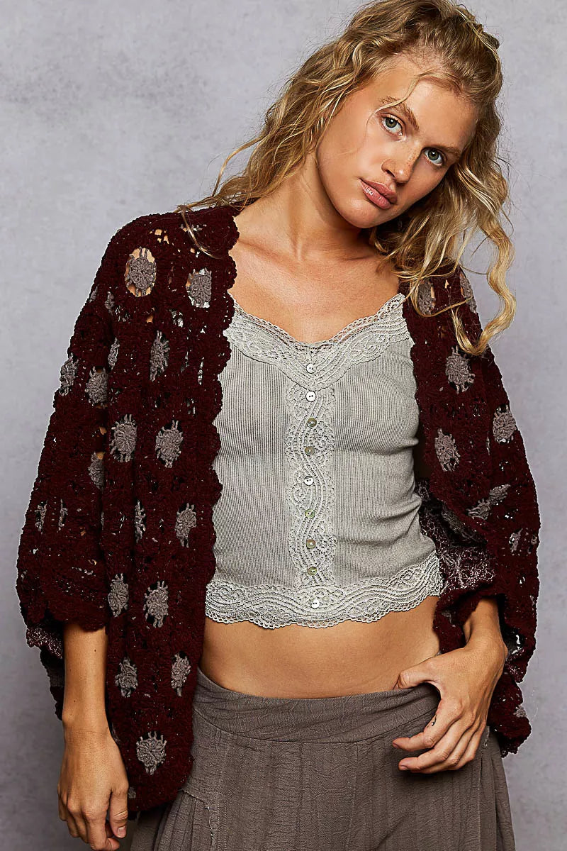 POL Openwork V-Neck Chenille Cardigan with Contrast Floral - Tigbul's Variety Fashion Shop
