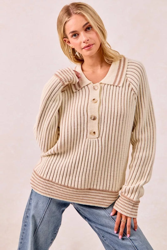BiBi Half Button Ribbed Two Tone Sweater - Tigbul's Variety Fashion Shop