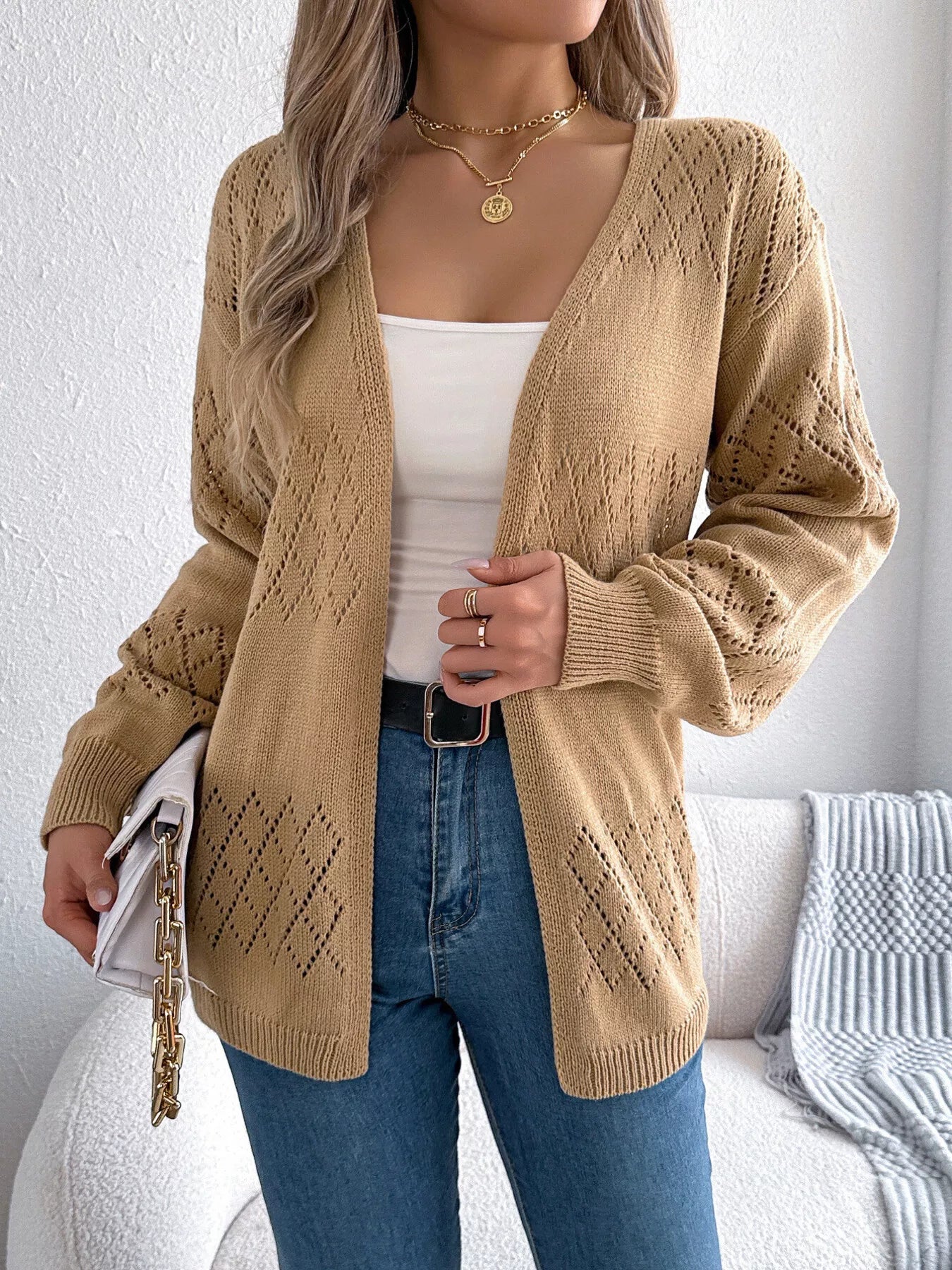 Openwork Open Front Long Sleeve Cardigan - Tigbul's Variety Fashion Shop