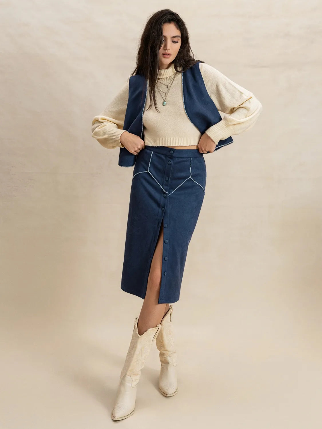 Open Front Vest and Buttoned Skirt Set - Tigbul's Variety Fashion Shop