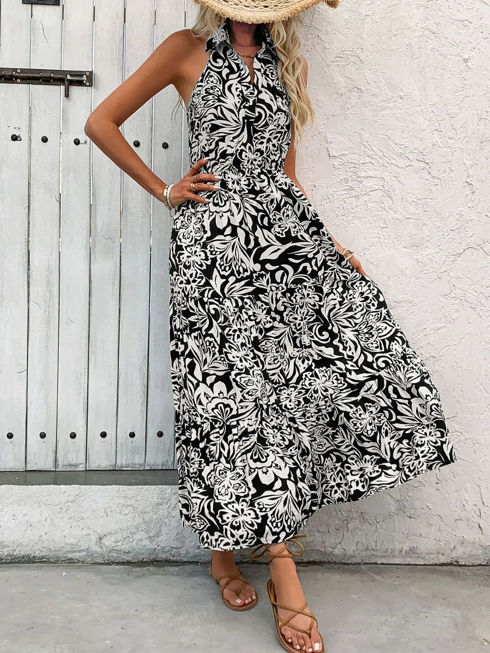 Backless Smocked Printed Sleeveless Black Midi Dress - Tigbul's Variety Fashion Shop