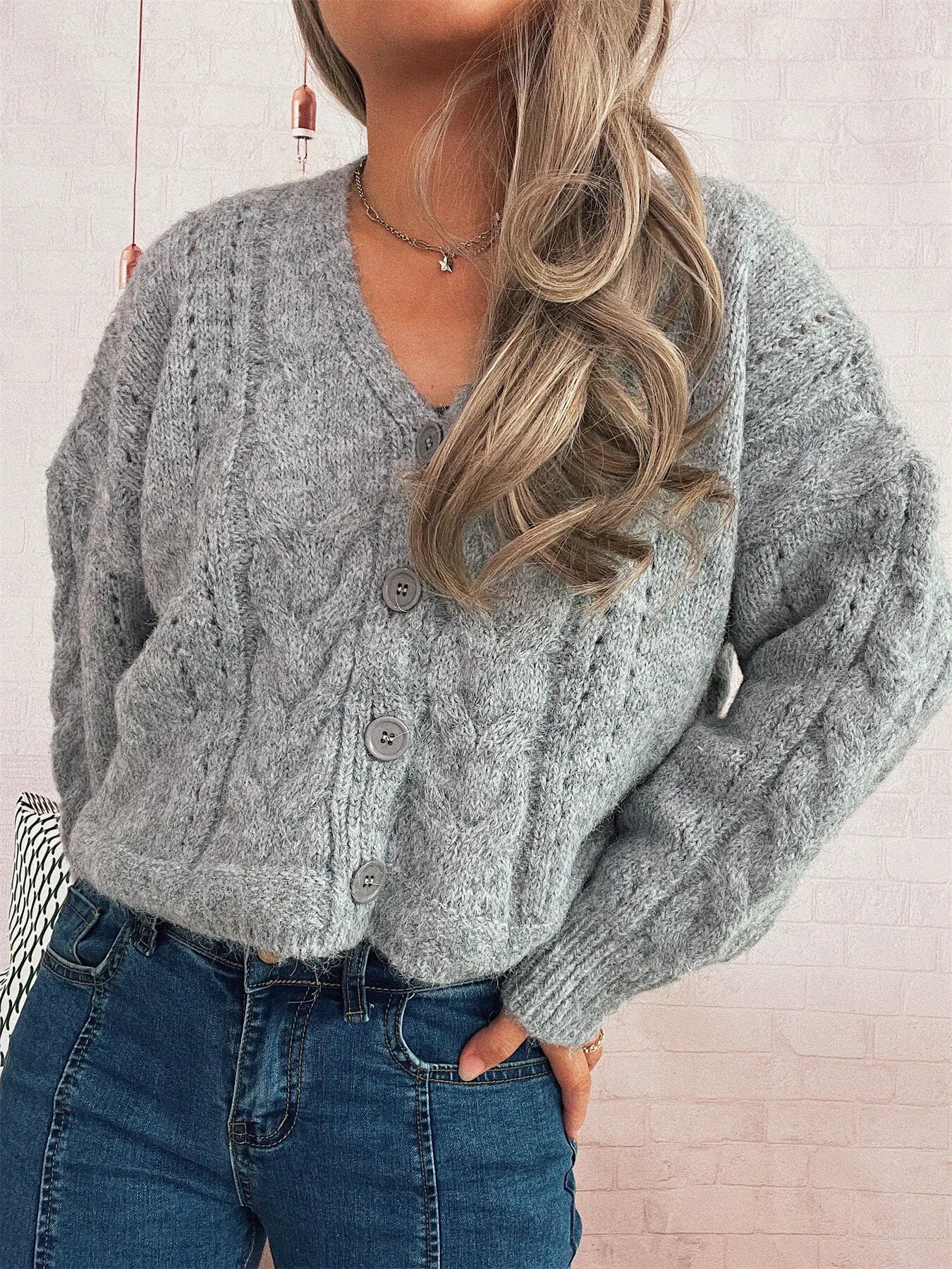 Cable Knit Button-Up Cardigan - Tigbul's Variety Fashion Shop