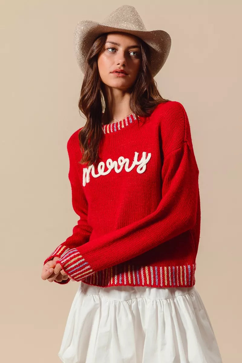 SO ME Merry Lettering Embroidered Christmas Sweater - Tigbul's Variety Fashion Shop