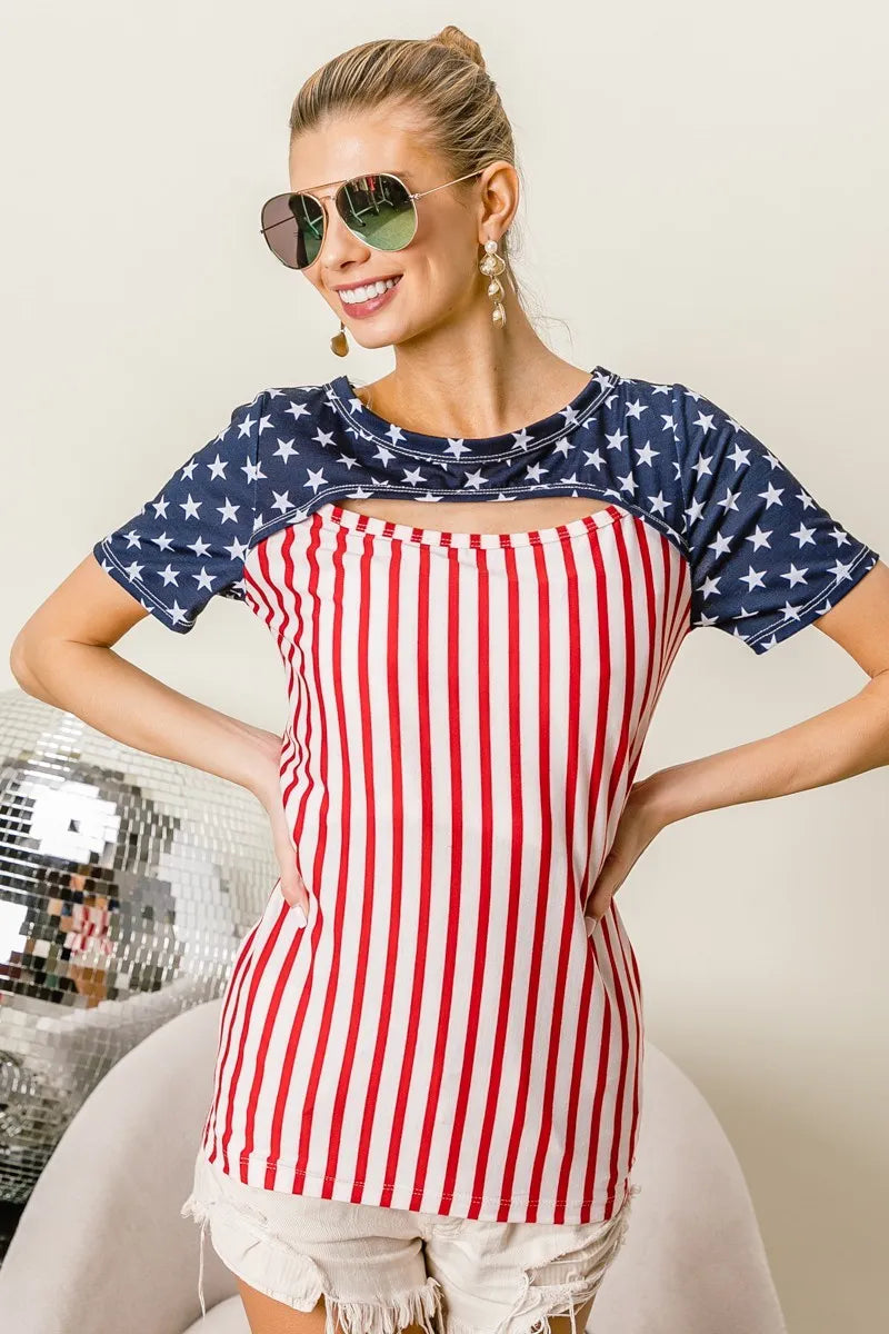 American Flag Theme Front Cut Out Top - Tigbul's Variety Fashion Shop