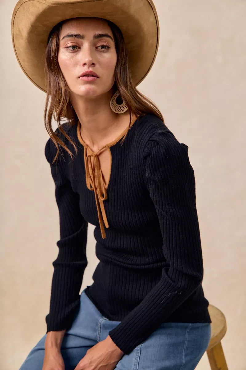 BiBi Ribbed Contrast Front Tied Top with Shrried - Tigbul's Variety Fashion Shop