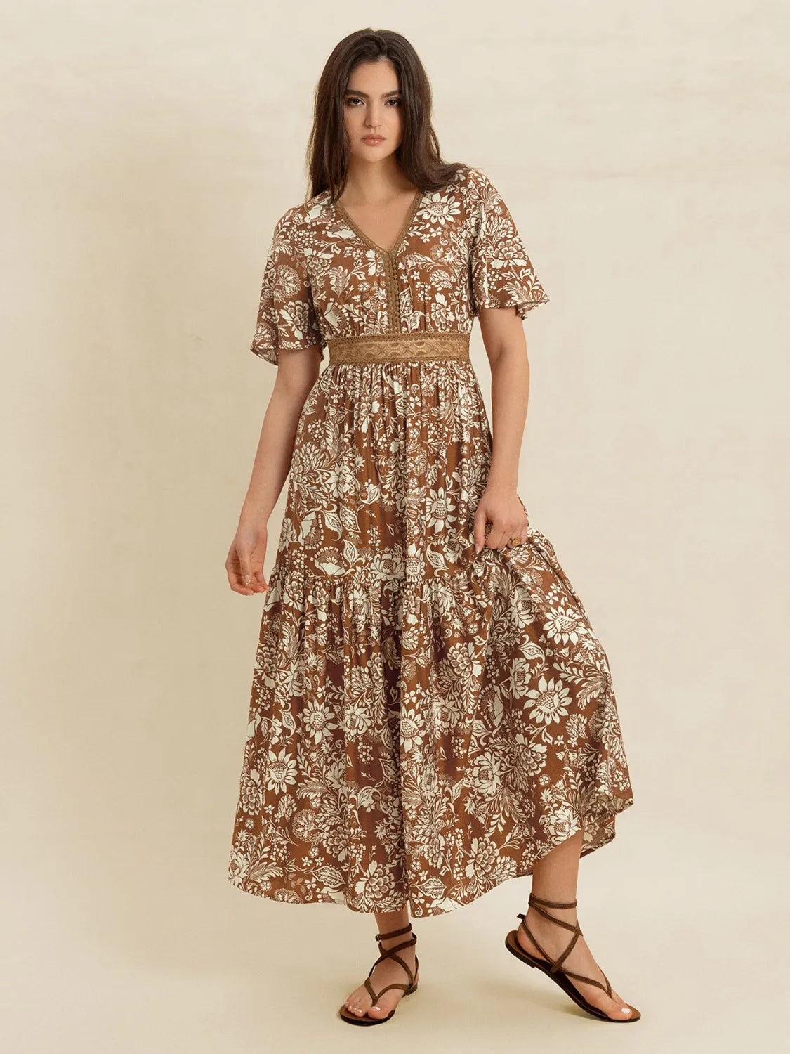 Brown Lace Detail Printed Short Sleeve Midi Dress - Tigbul's Variety Fashion Shop