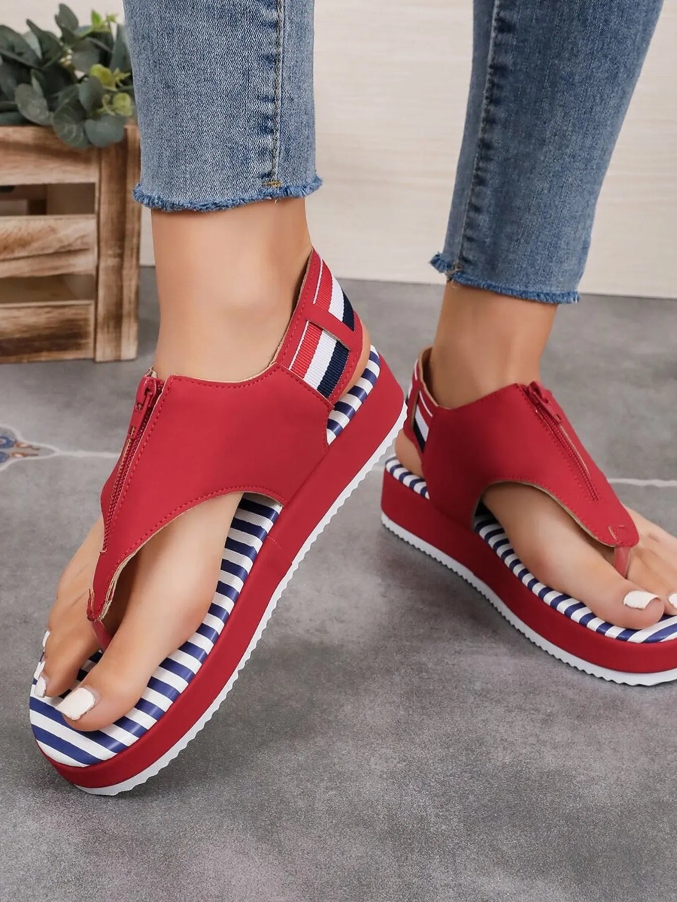 Striped Platform Toe Post Sandals - Tigbul's Variety Fashion Shop