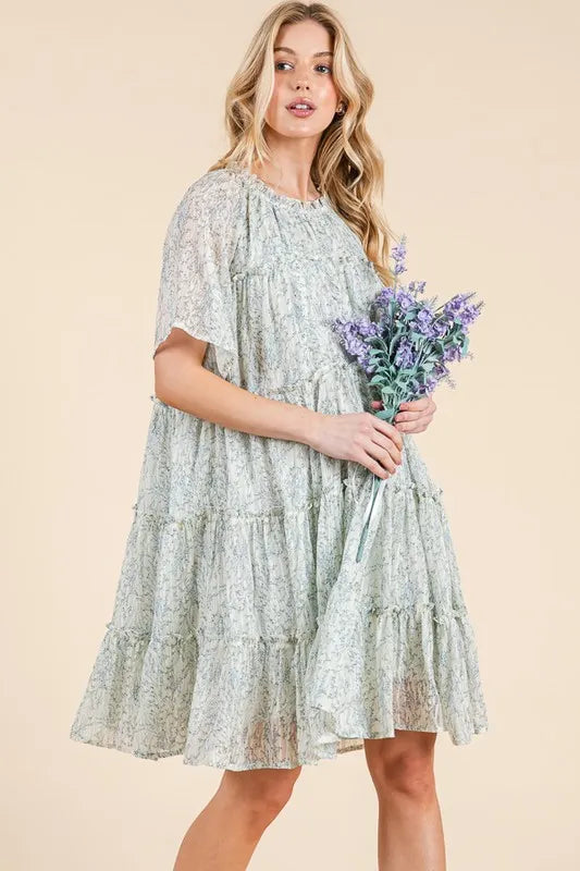 Lime 'N' Chili Ditsy Floral Print Sheer Ruffle Detail Mini Dress - Tigbul's Variety Fashion Shop