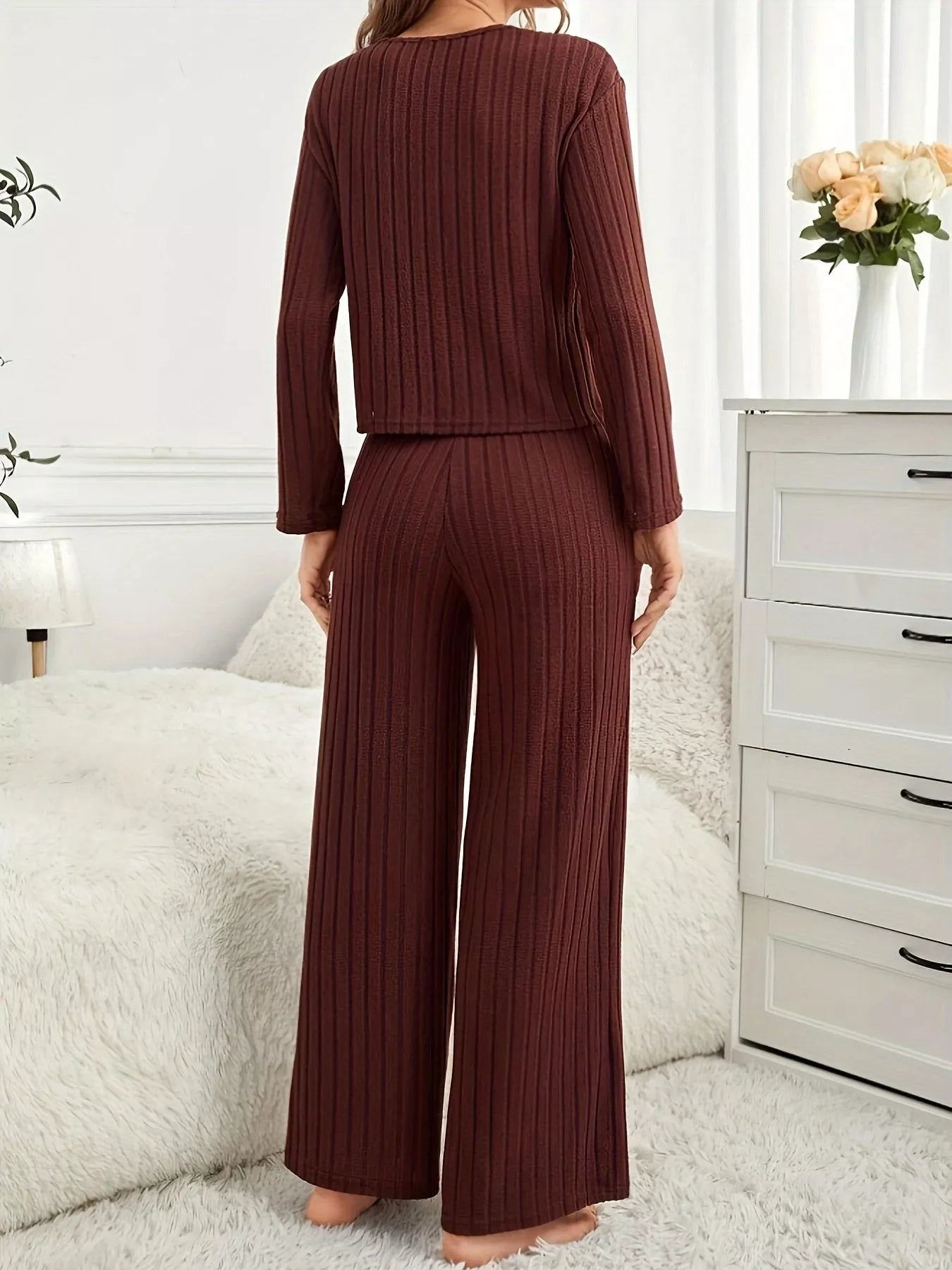 Ribbed Round Neck Long Sleeve Top and Pants Lounge Set - Tigbul's Variety Fashion Shop