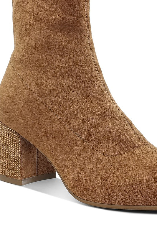 Chena Rhinestones Embellished Block Heel Boots - Tigbul's Variety Fashion Shop
