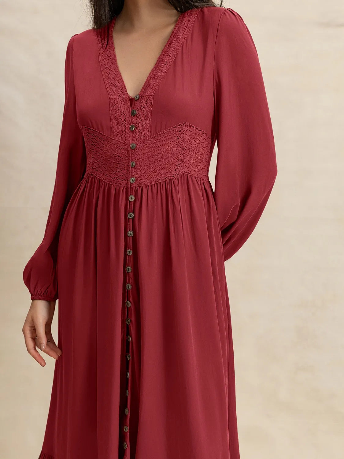 Burgundy V-Neck Balloon Sleeve Ruffled Hem Maxi Dress - Tigbul's Variety Fashion Shop