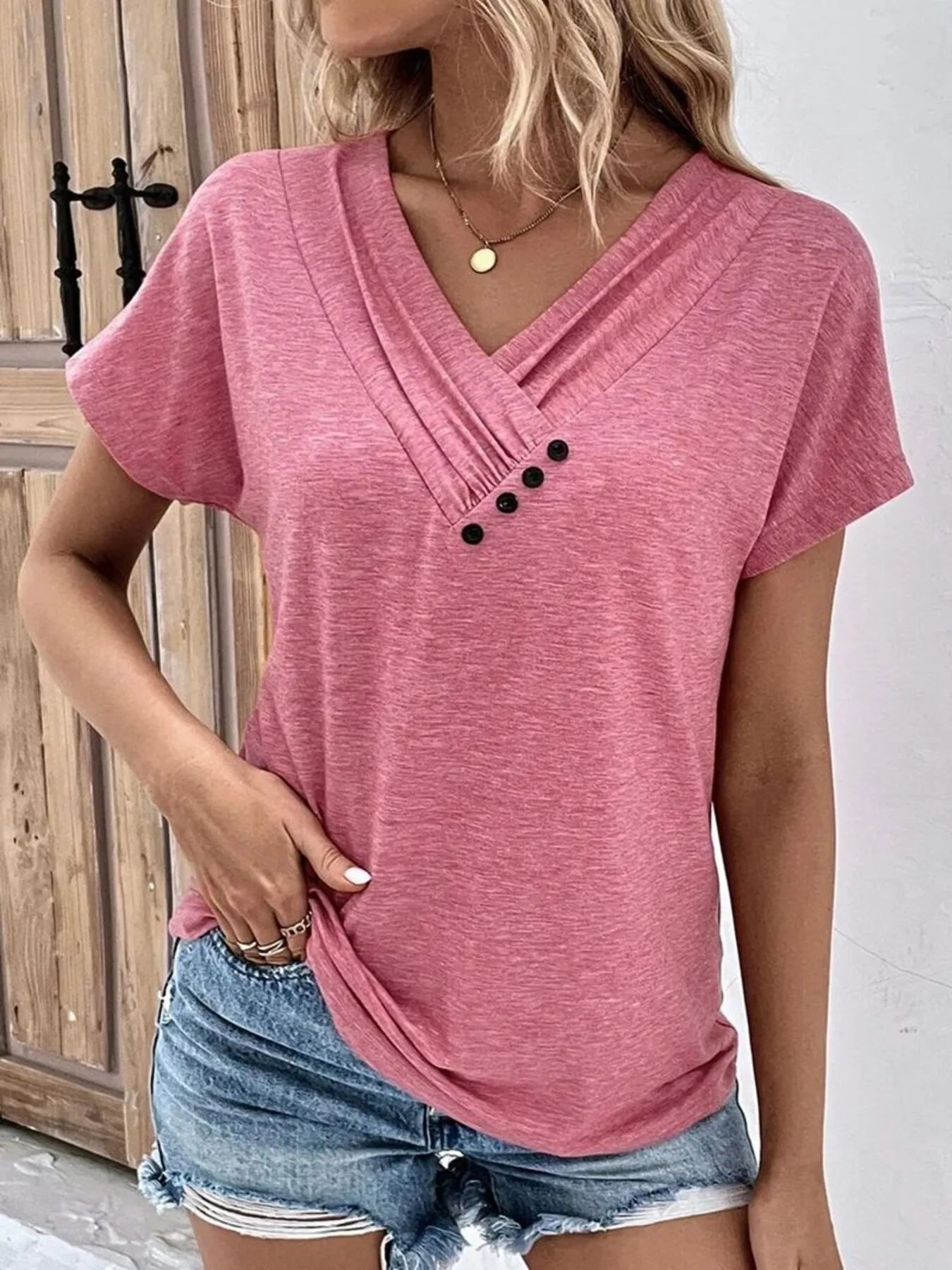 Decor Button Short Sleeve T-Shirt - Tigbul's Variety Fashion Shop